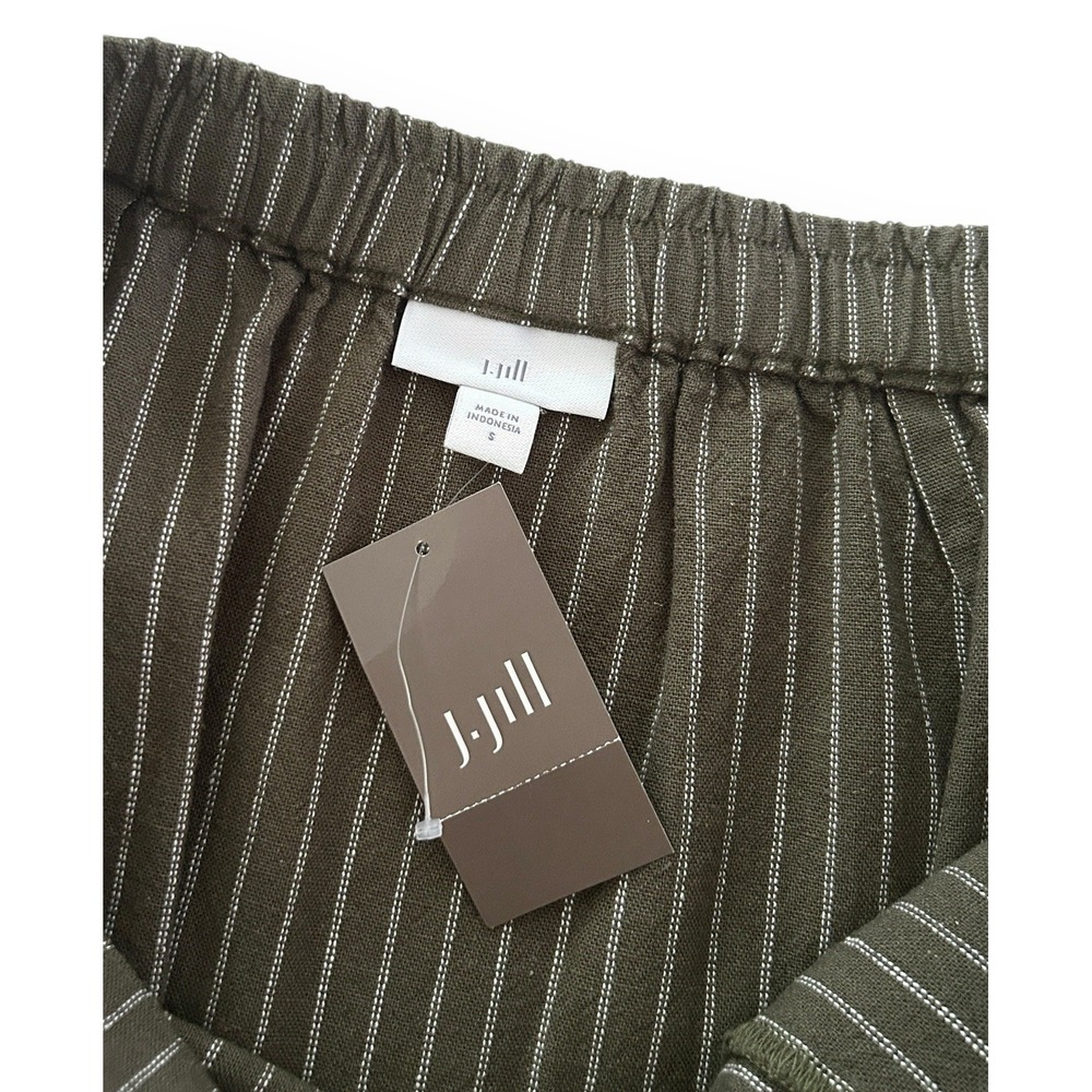 J. Jill Women S Moss Green Asymmetric Drape Front Pinstripe Linen Midi Skirt NWT - Picture 7 of 12